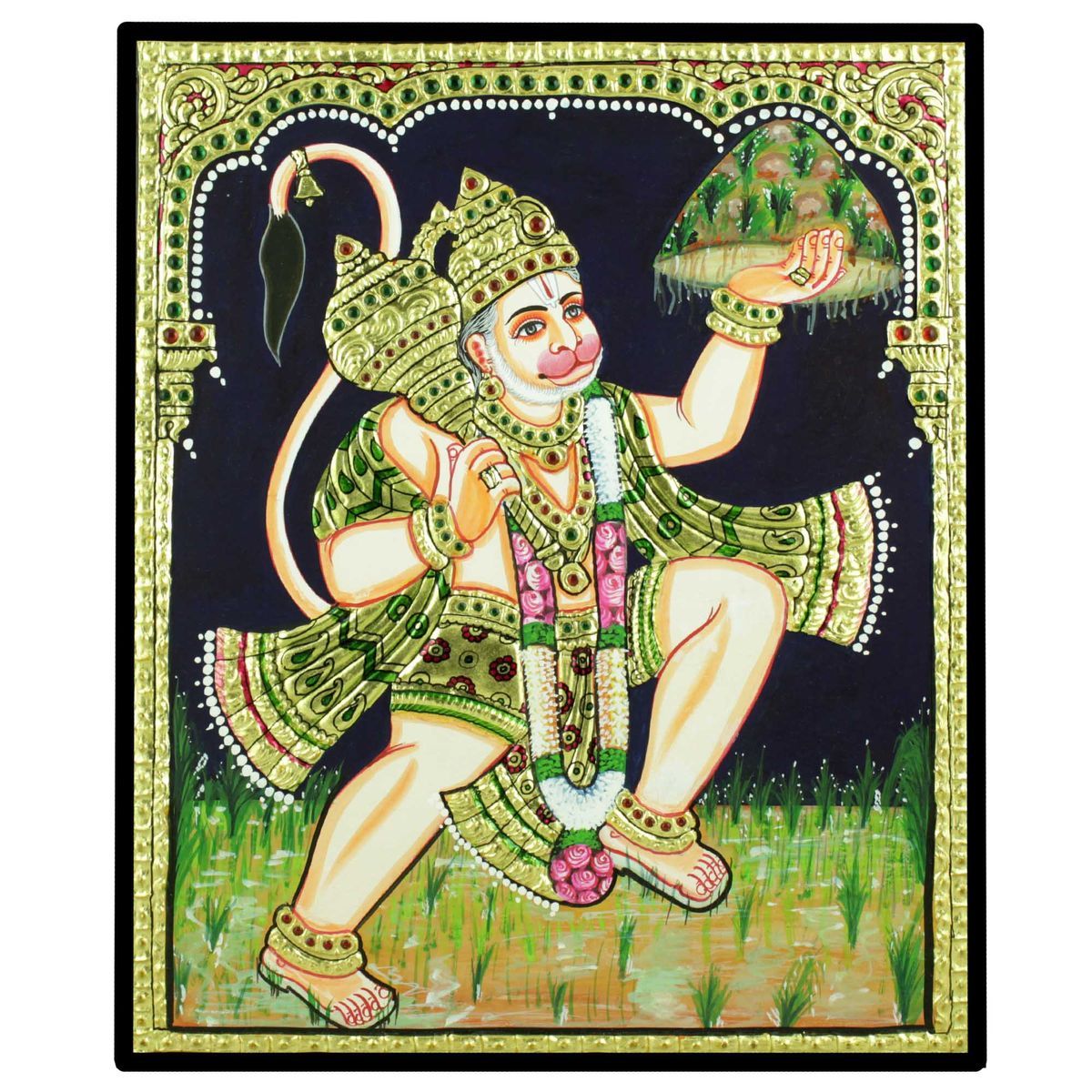 TANJORE PAINTING STANDING HANUMAN WITH SANJEEVINI