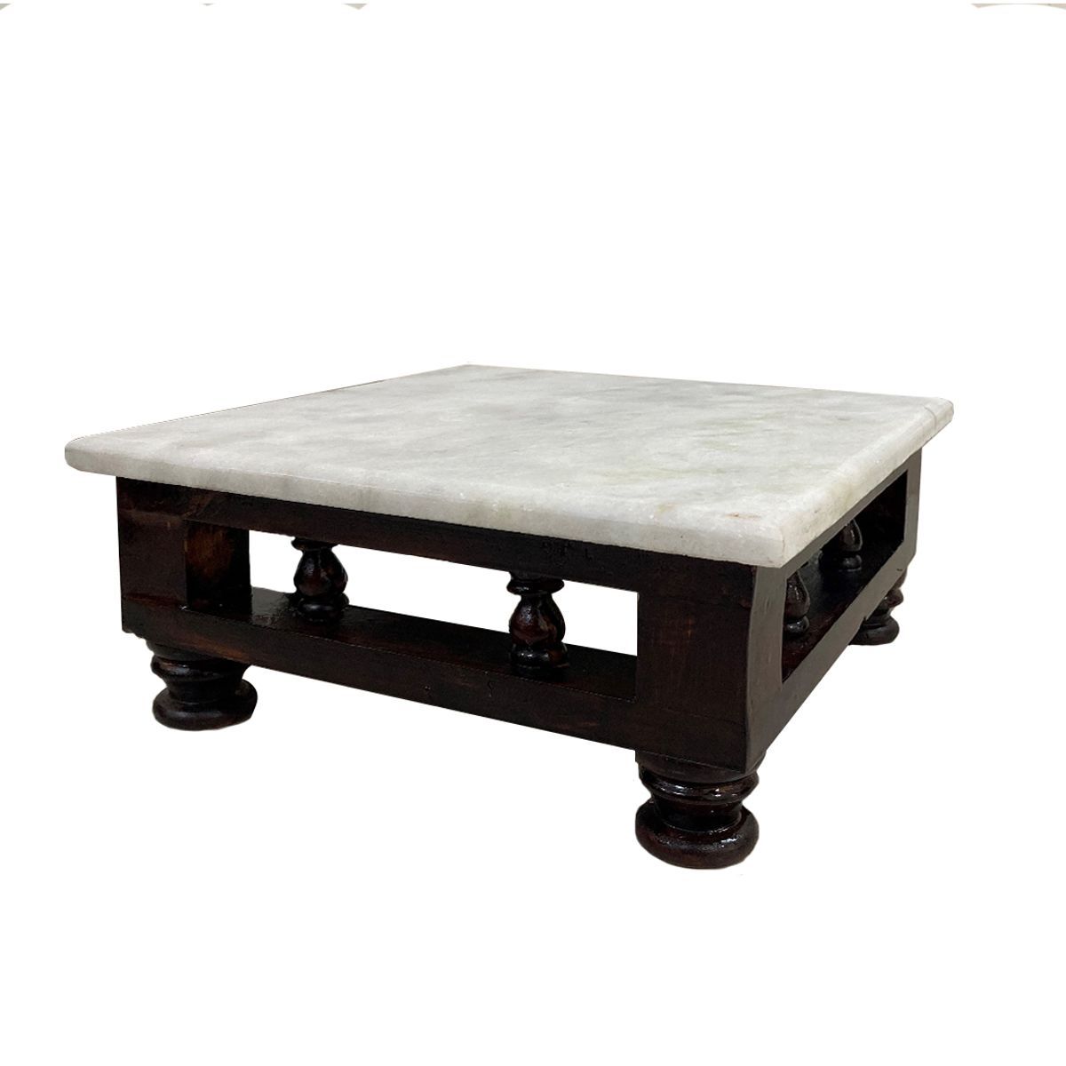 WOODEN MANAI CHOWKI WITH WHITE MARBLE FOR POOJA