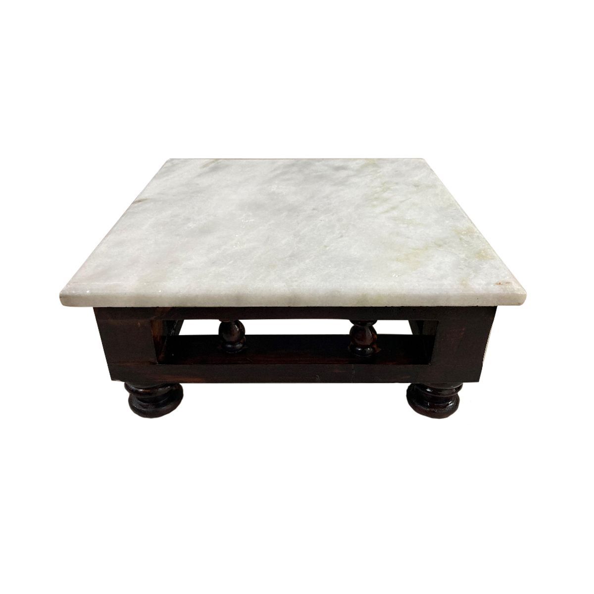 WOODEN MANAI CHOWKI WITH WHITE MARBLE FOR POOJA