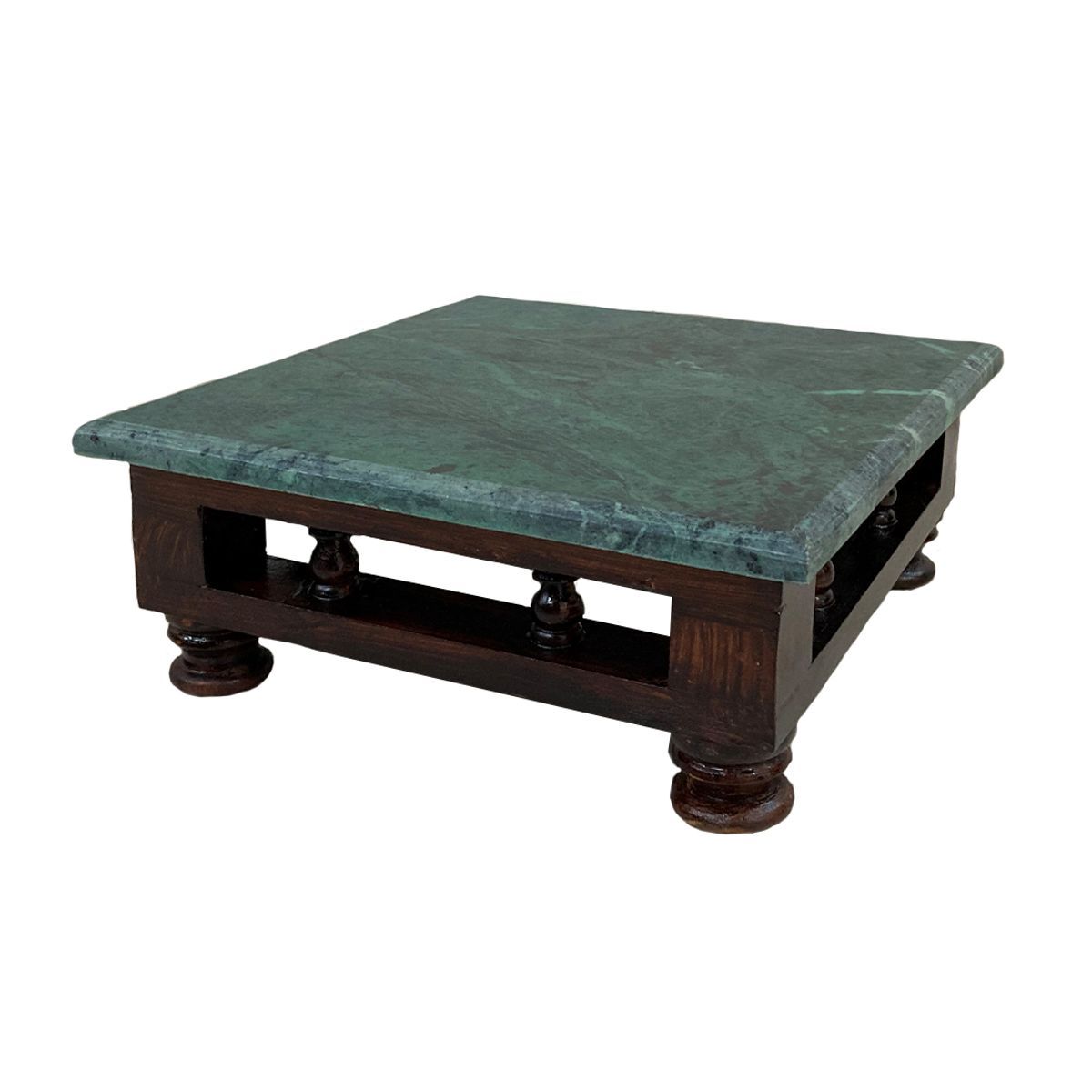 WOODEN MANAI CHOWKI WITH GREEN MARBLE FOR POOJA