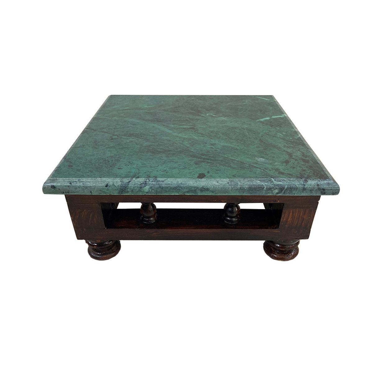 WOODEN MANAI CHOWKI WITH GREEN MARBLE FOR POOJA