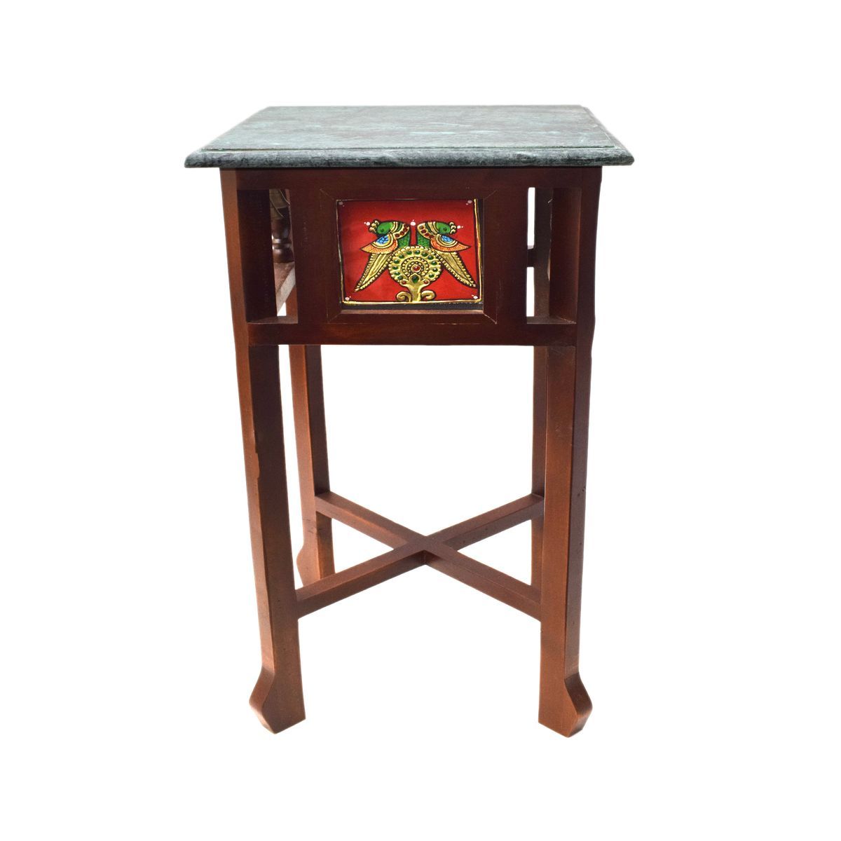 GREEN MARBLE TOPPED WOODEN STOOL WITH TANJORE PAINTING SMALL