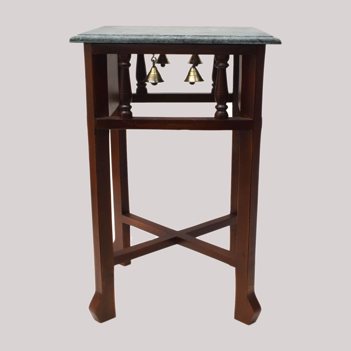 GREEN MARBLE TOPPED WOODEN STOOL WITH TANJORE PAINTING SMALL