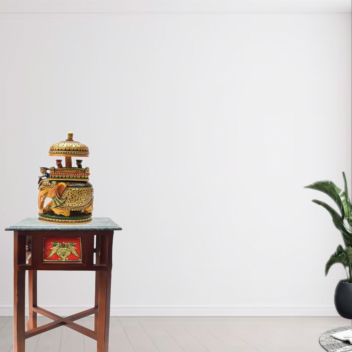 GREEN MARBLE TOPPED WOODEN STOOL WITH TANJORE PAINTING SMALL