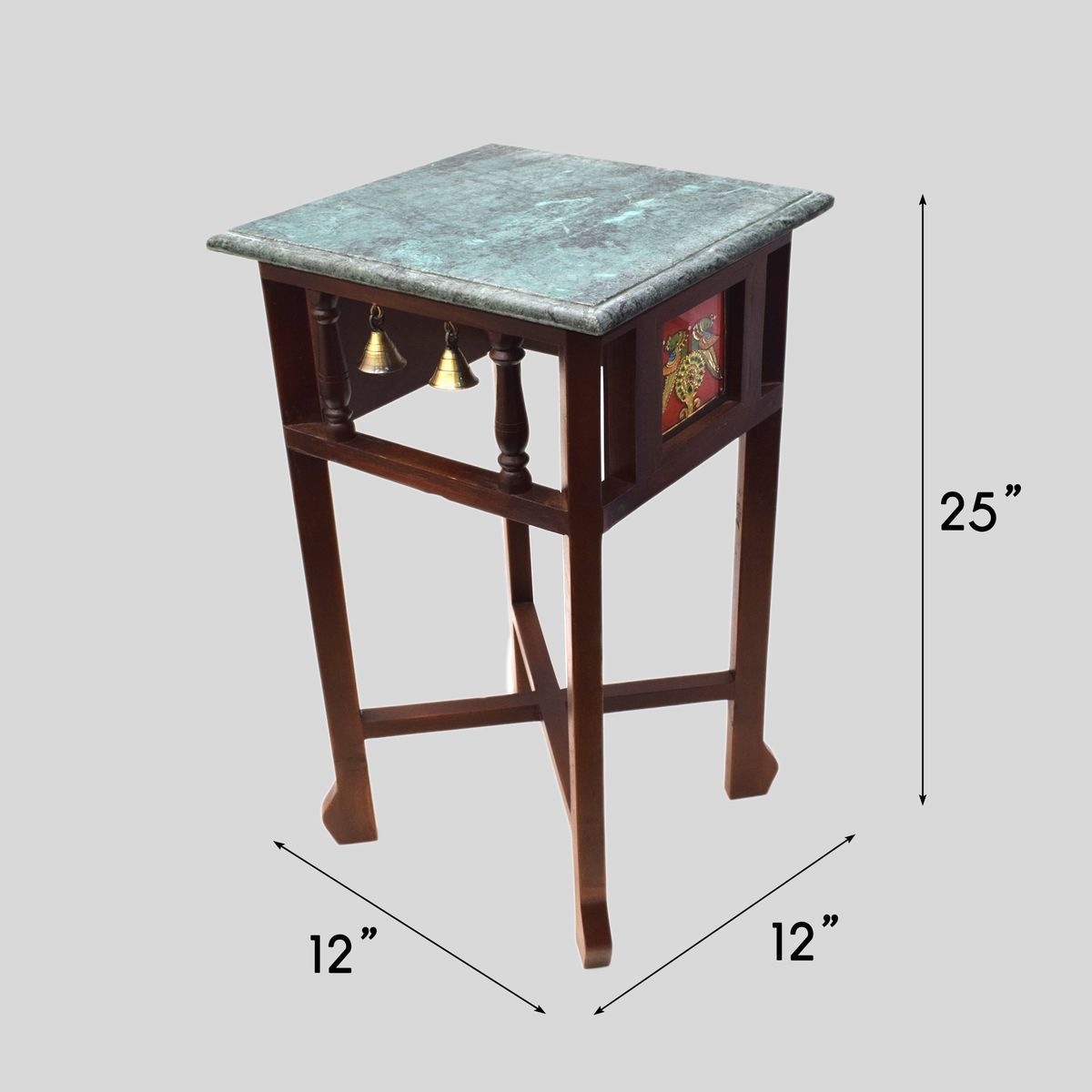 GREEN MARBLE TOPPED WOODEN STOOL WITH TANJORE PAINTING SMALL