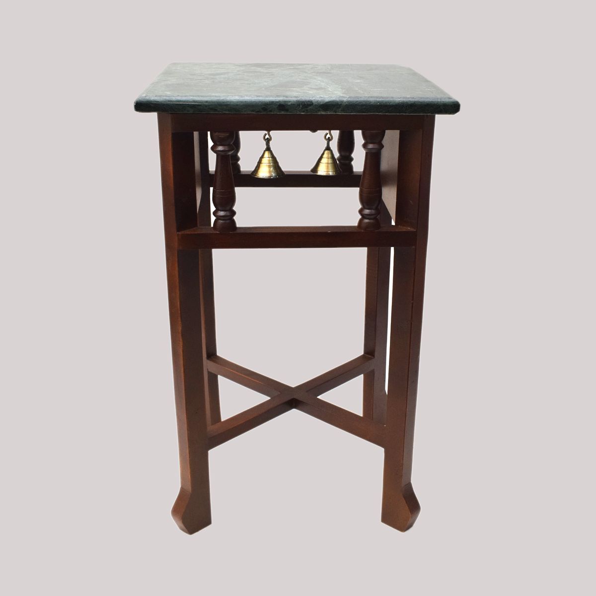 GREEN MARBLE TOPPED WOODEN STOOL WITH TANJORE PAINTING SMALL
