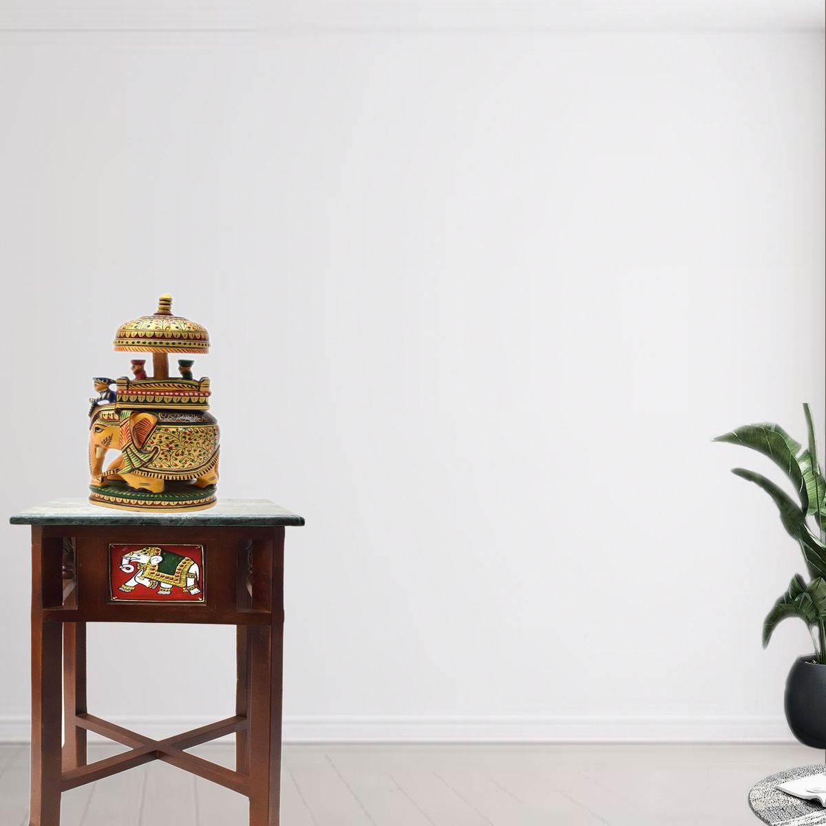 GREEN MARBLE TOPPED WOODEN STOOL WITH TANJORE PAINTING SMALL
