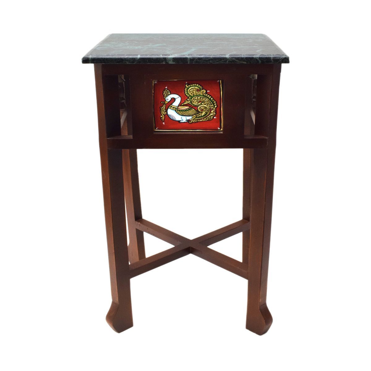 GREEN MARBLE TOPPED WOODEN STOOL WITH TANJORE PAINTING SMALL