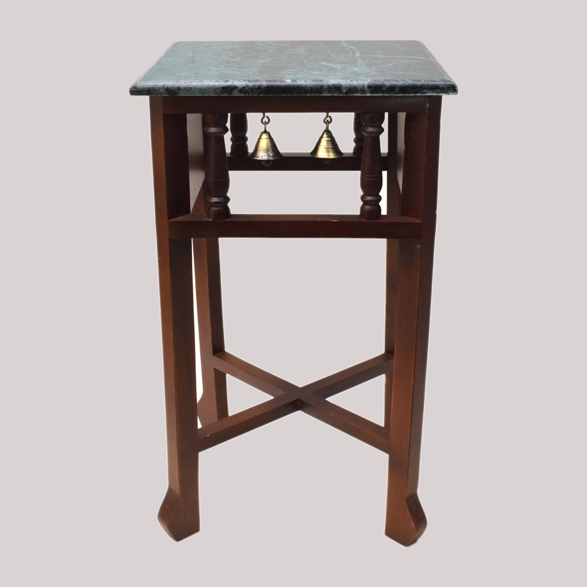 GREEN MARBLE TOPPED WOODEN STOOL WITH TANJORE PAINTING SMALL