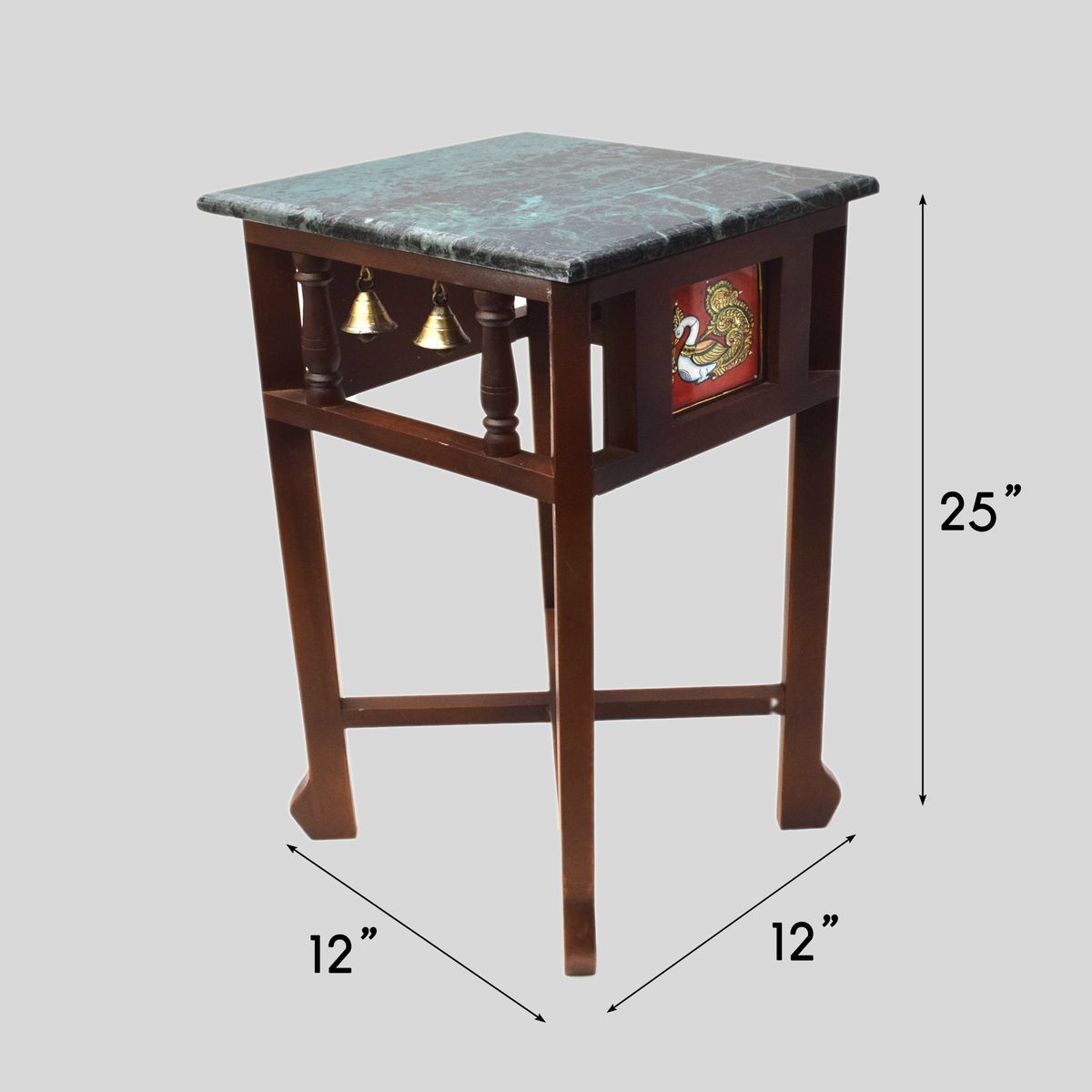 GREEN MARBLE TOPPED WOODEN STOOL WITH TANJORE PAINTING SMALL