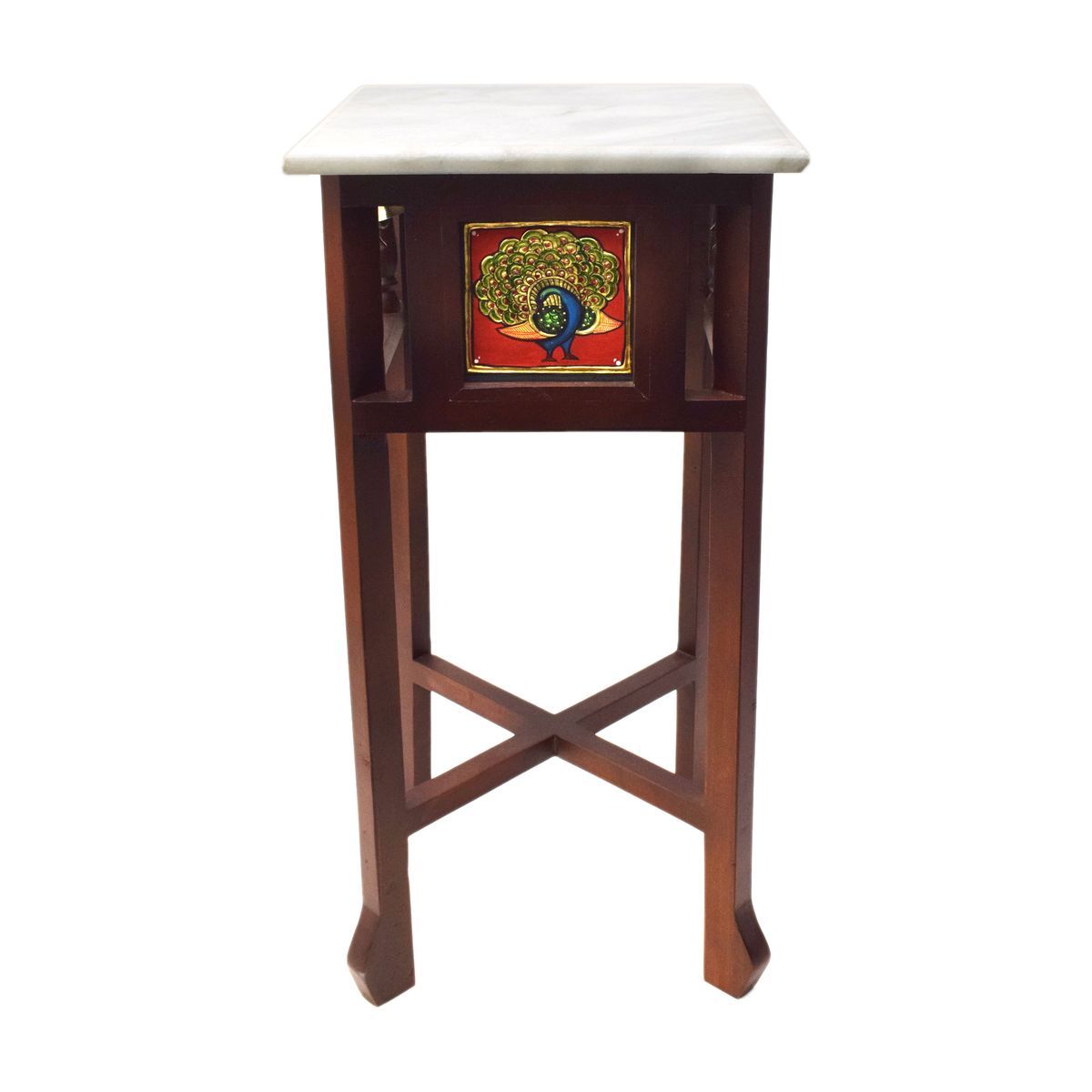 WHITE MARBLE TOPPED WOODEN STOOL WITH TANJORE PAINTING SMALL