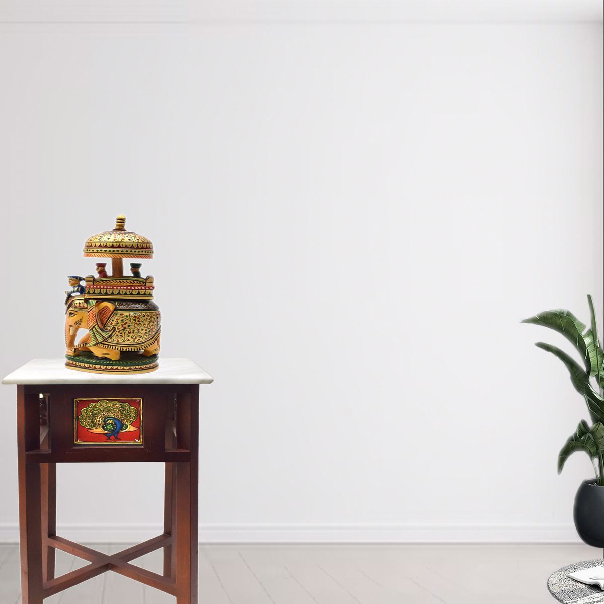 WHITE MARBLE TOPPED WOODEN STOOL WITH TANJORE PAINTING SMALL