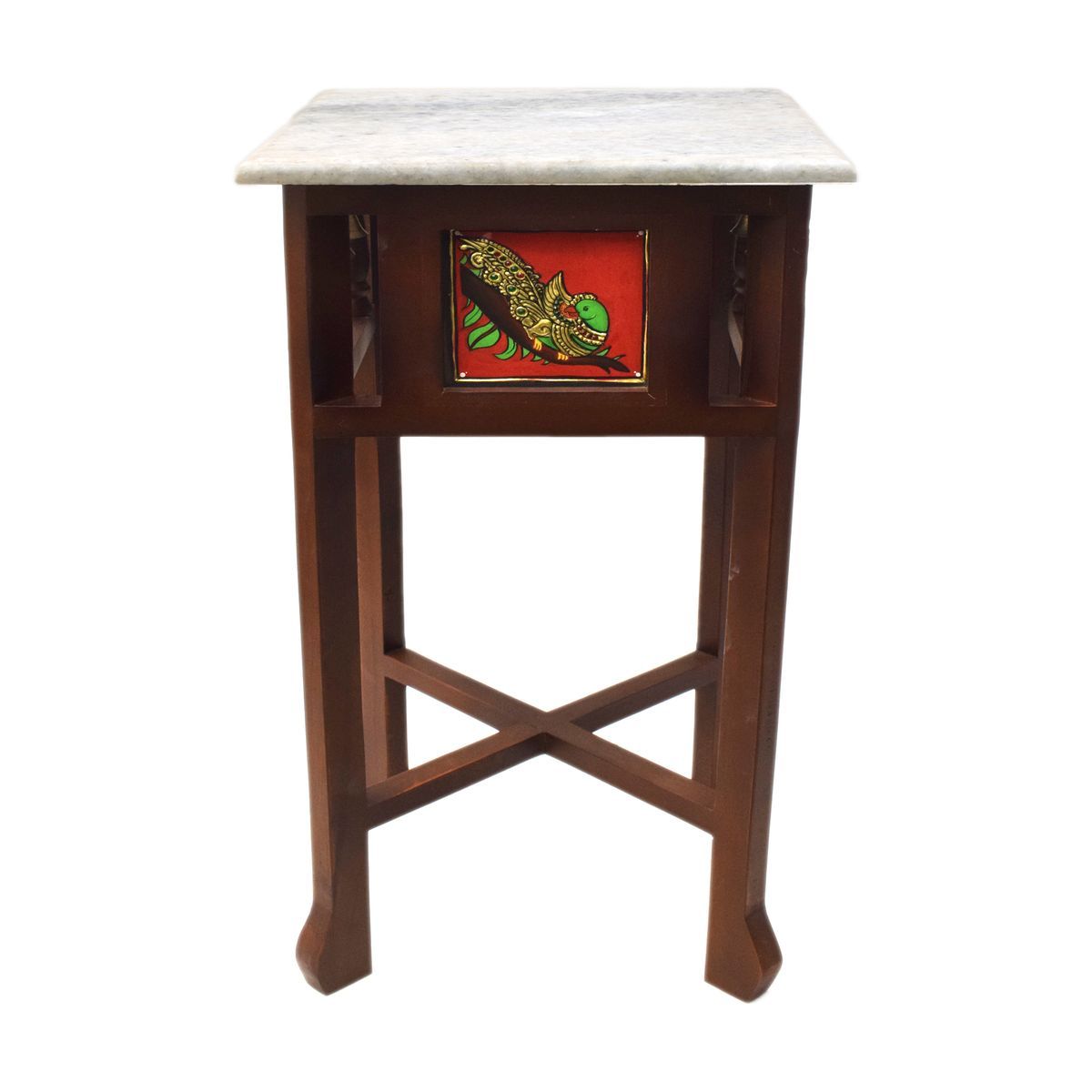 WHITE MARBLE TOPPED WOODEN STOOL WITH TANJORE PAINTING SMALL