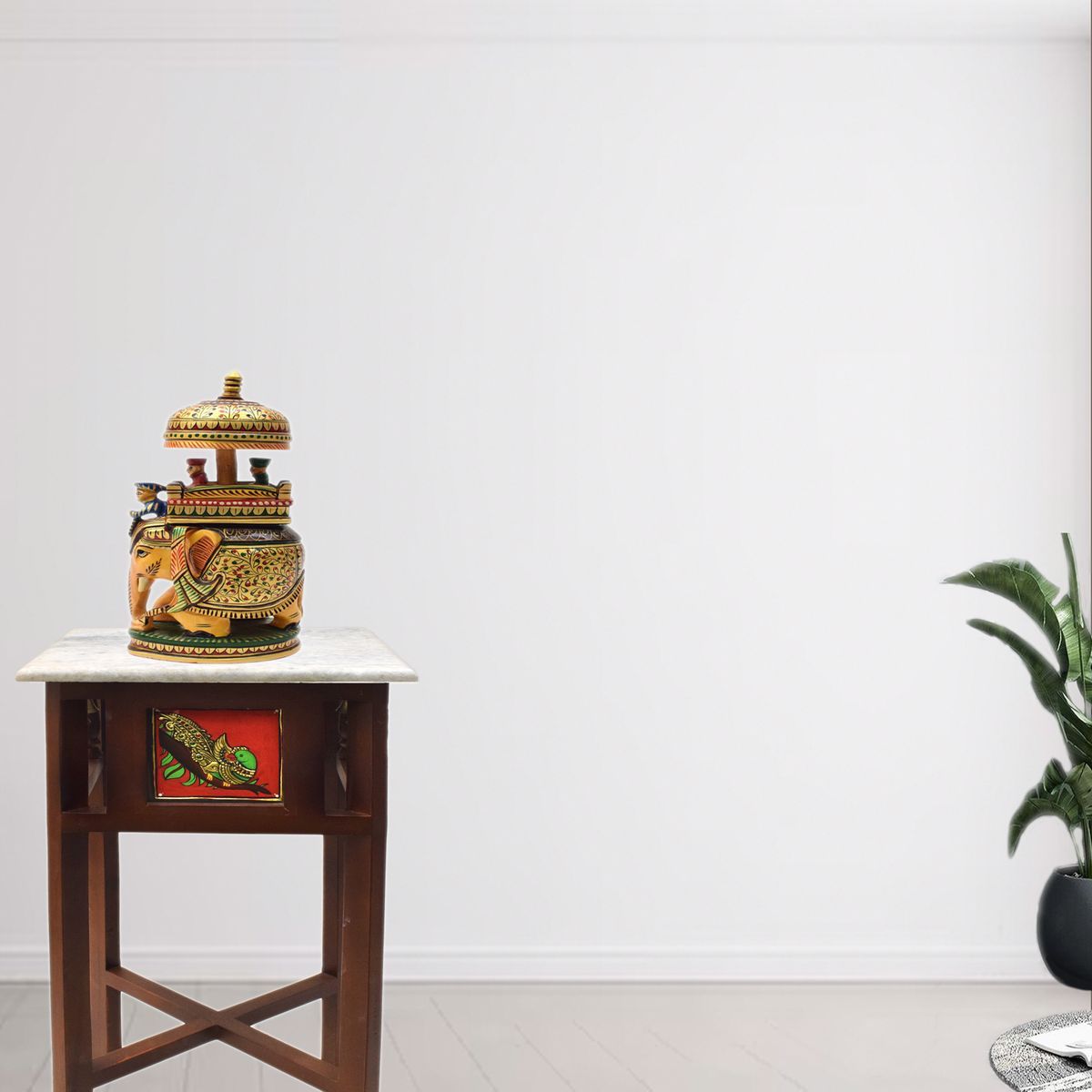 WHITE MARBLE TOPPED WOODEN STOOL WITH TANJORE PAINTING SMALL