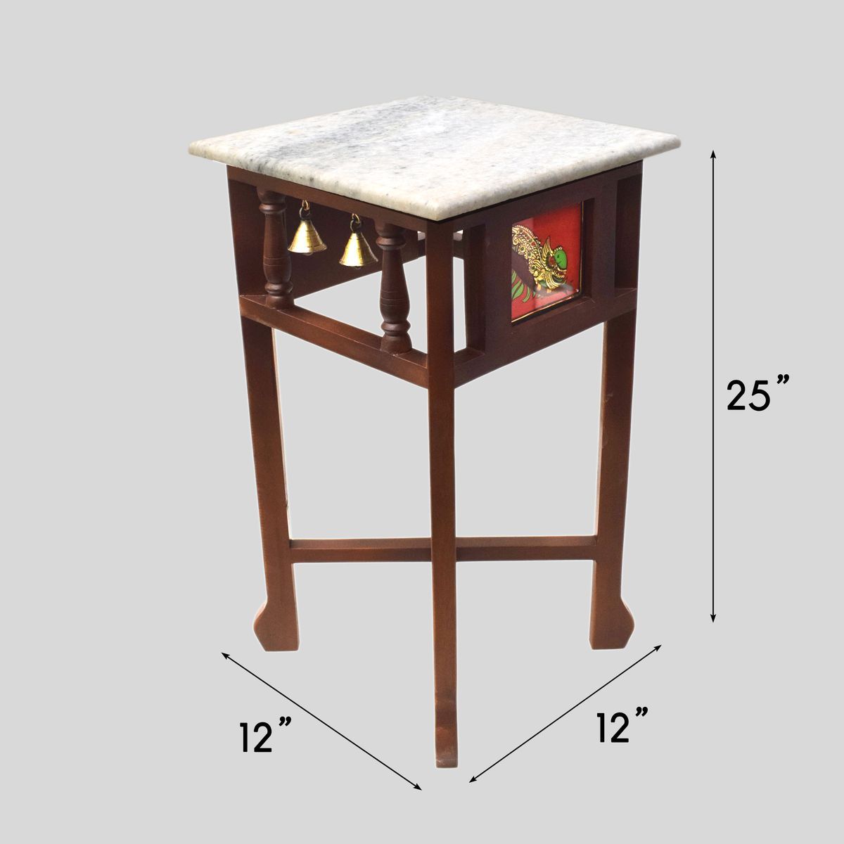 WHITE MARBLE TOPPED WOODEN STOOL WITH TANJORE PAINTING SMALL