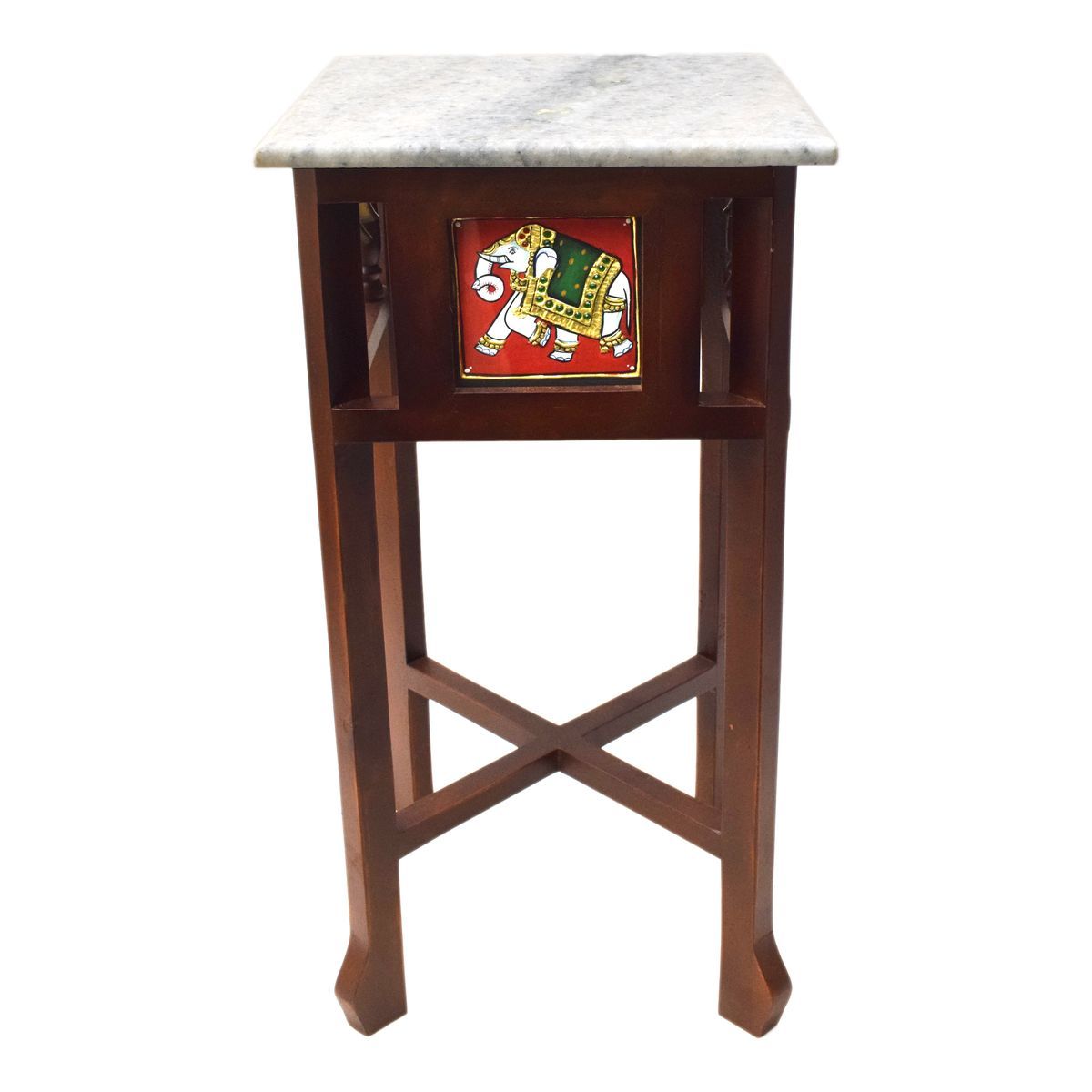 WHITE MARBLE TOPPED WOODEN STOOL WITH TANJORE PAINTING SMALL