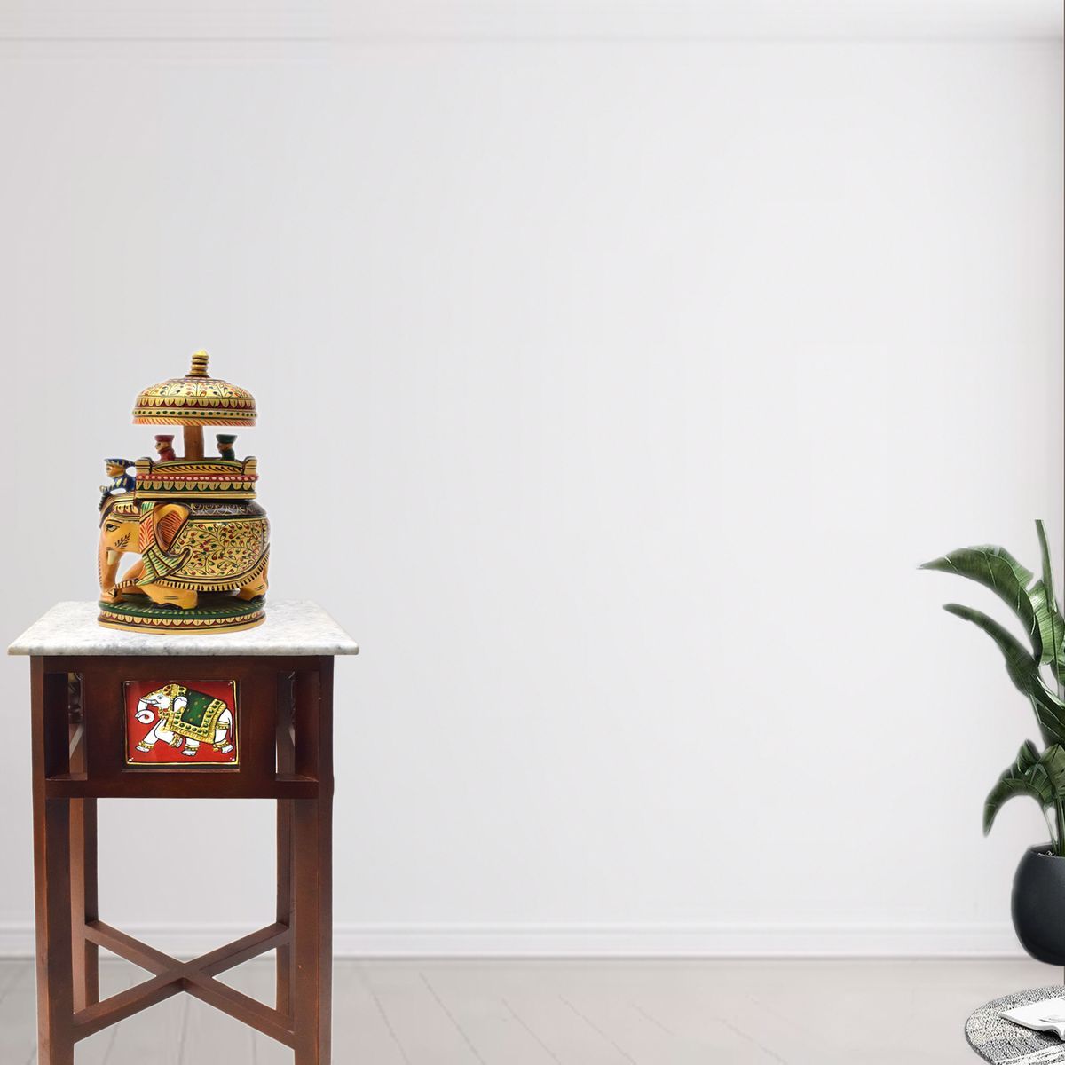 WHITE MARBLE TOPPED WOODEN STOOL WITH TANJORE PAINTING SMALL