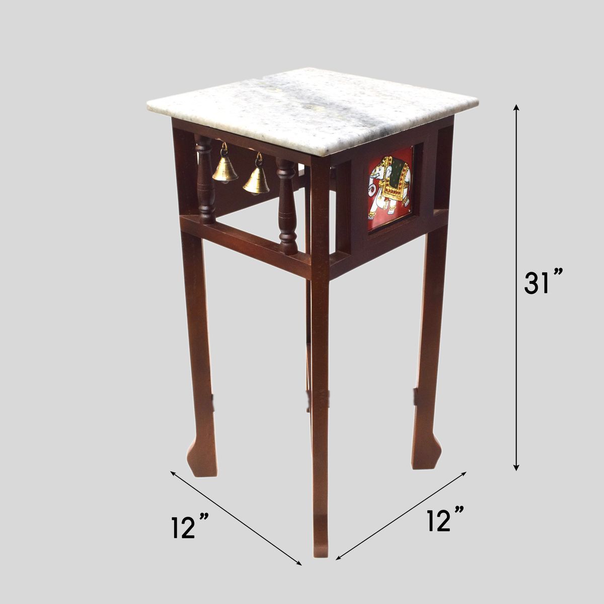 WHITE MARBLE TOPPED WOODEN STOOL WITH TANJORE PAINTING SMALL