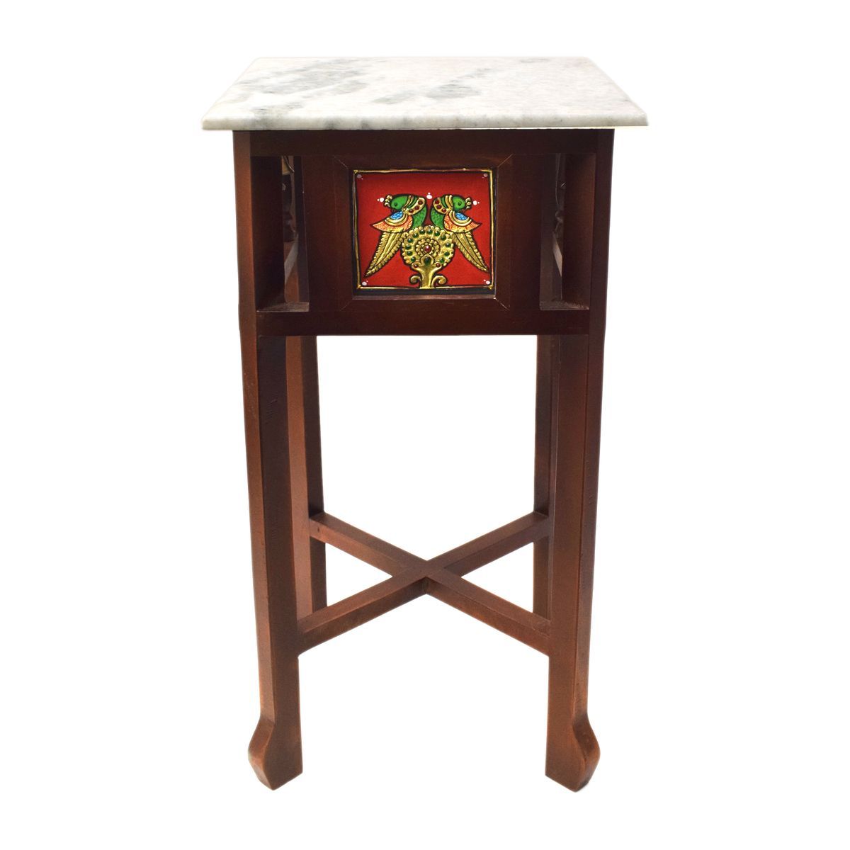 WHITE MARBLE TOPPED WOODEN STOOL WITH TANJORE PANITING SMALL