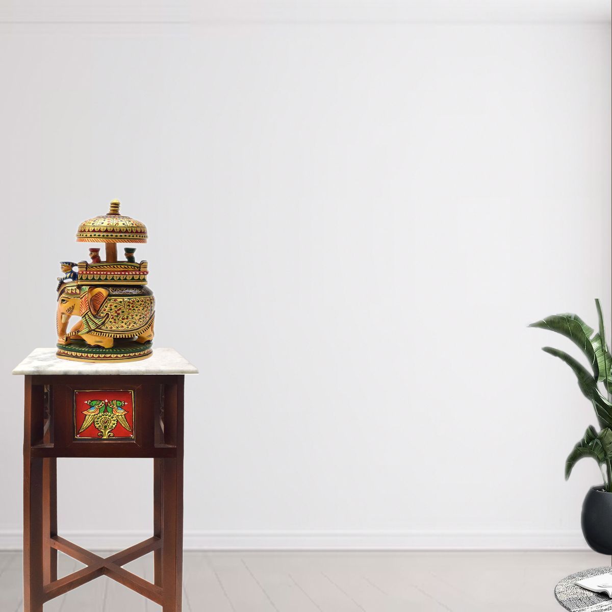 WHITE MARBLE TOPPED WOODEN STOOL WITH TANJORE PANITING SMALL