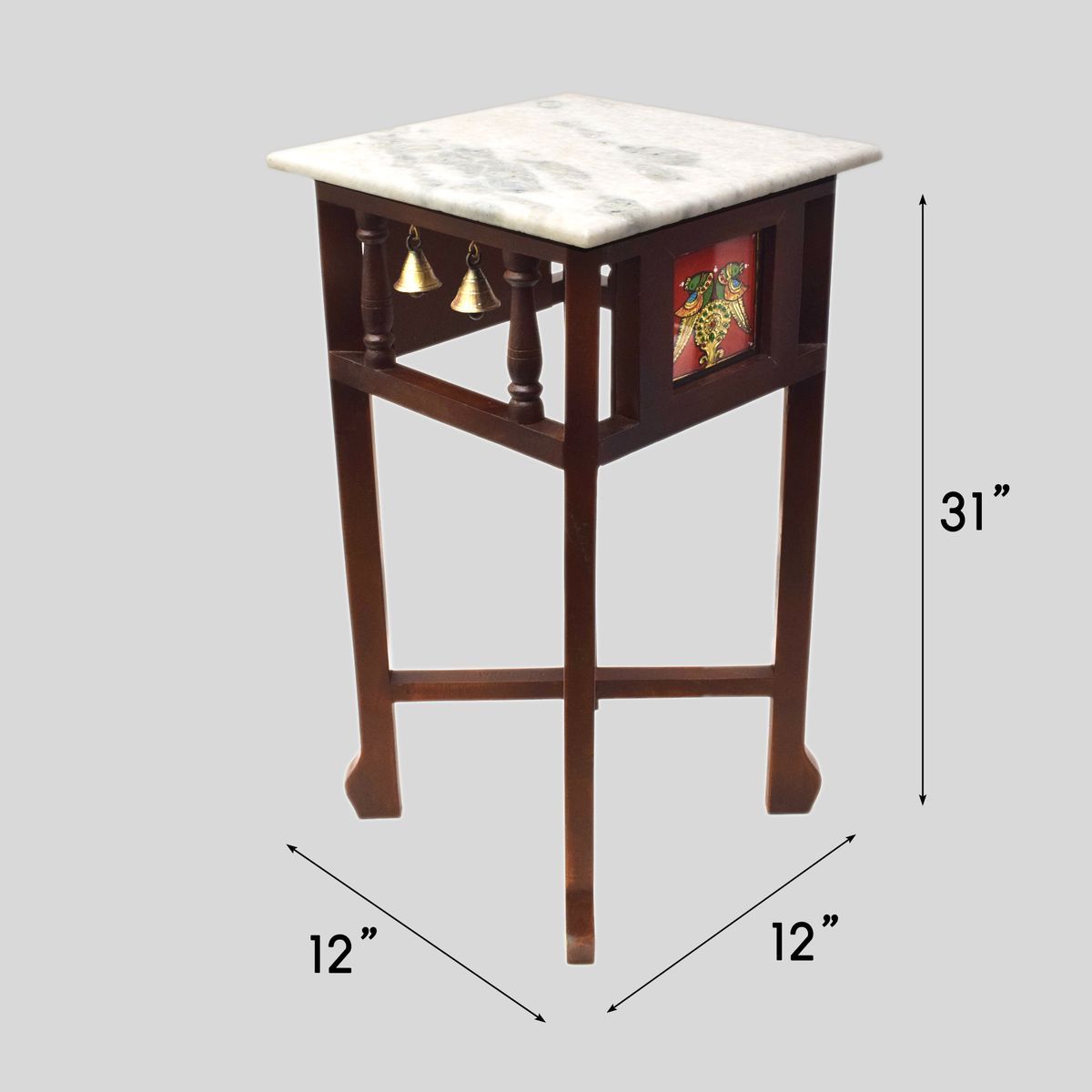 WHITE MARBLE TOPPED WOODEN STOOL WITH TANJORE PANITING SMALL