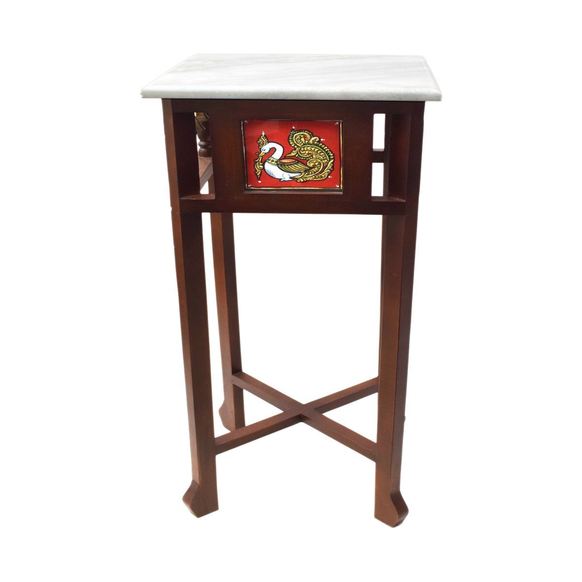 WHITE MARBLE TOPPED WOODEN STOOL WITH TANJORE PANITING SMALL