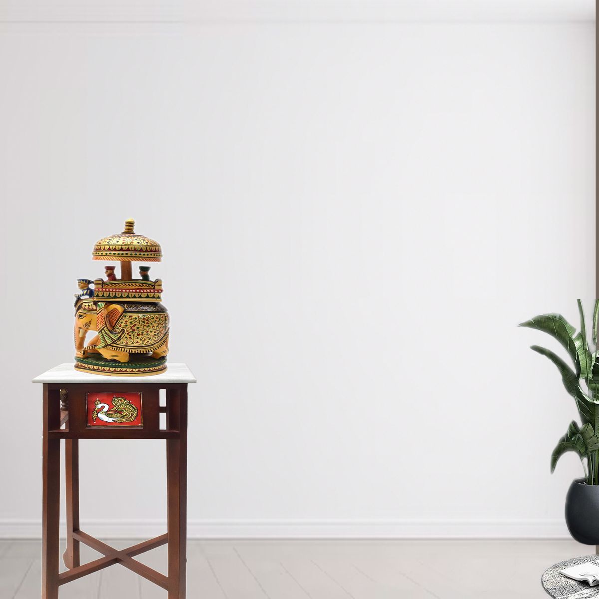 WHITE MARBLE TOPPED WOODEN STOOL WITH TANJORE PANITING SMALL