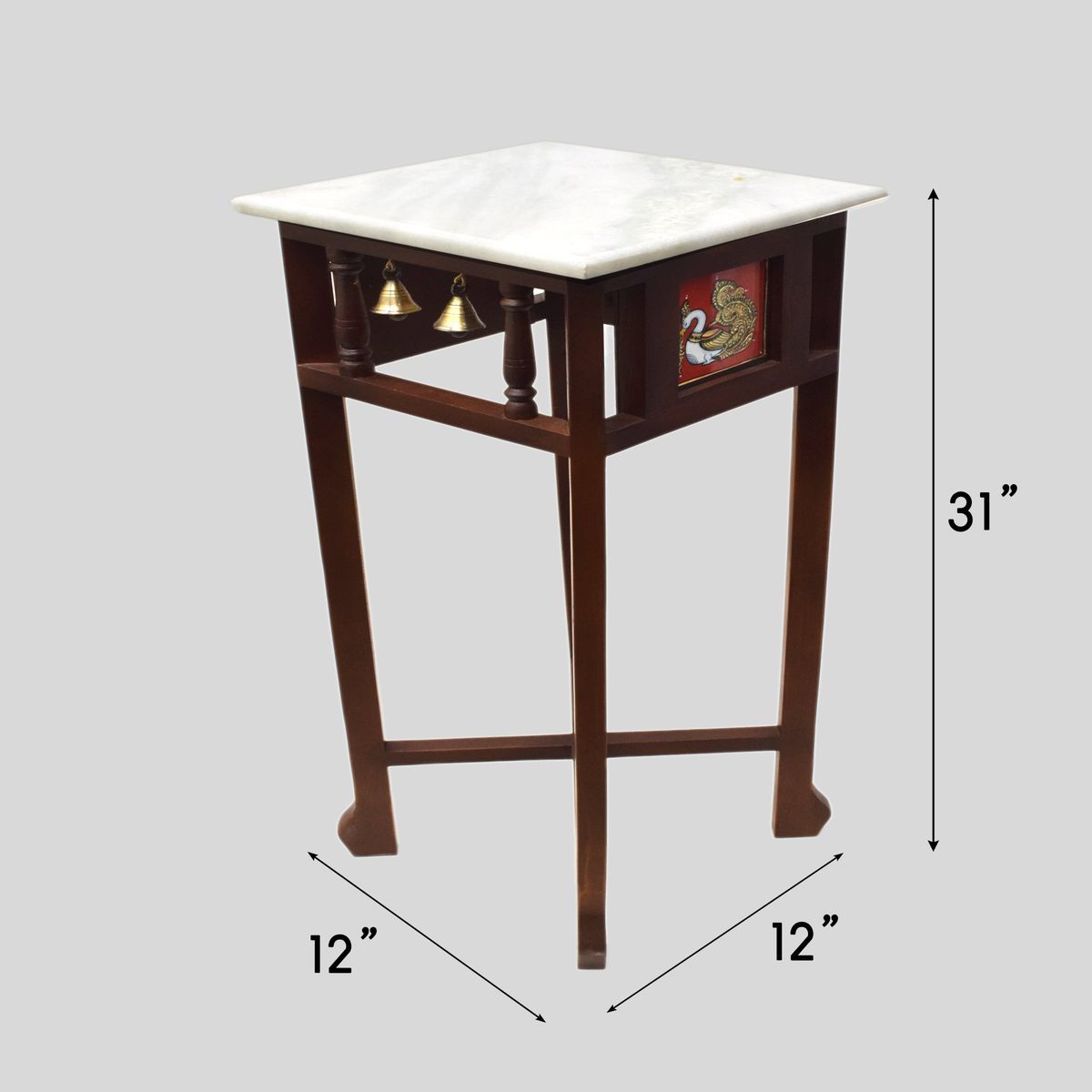 WHITE MARBLE TOPPED WOODEN STOOL WITH TANJORE PANITING SMALL