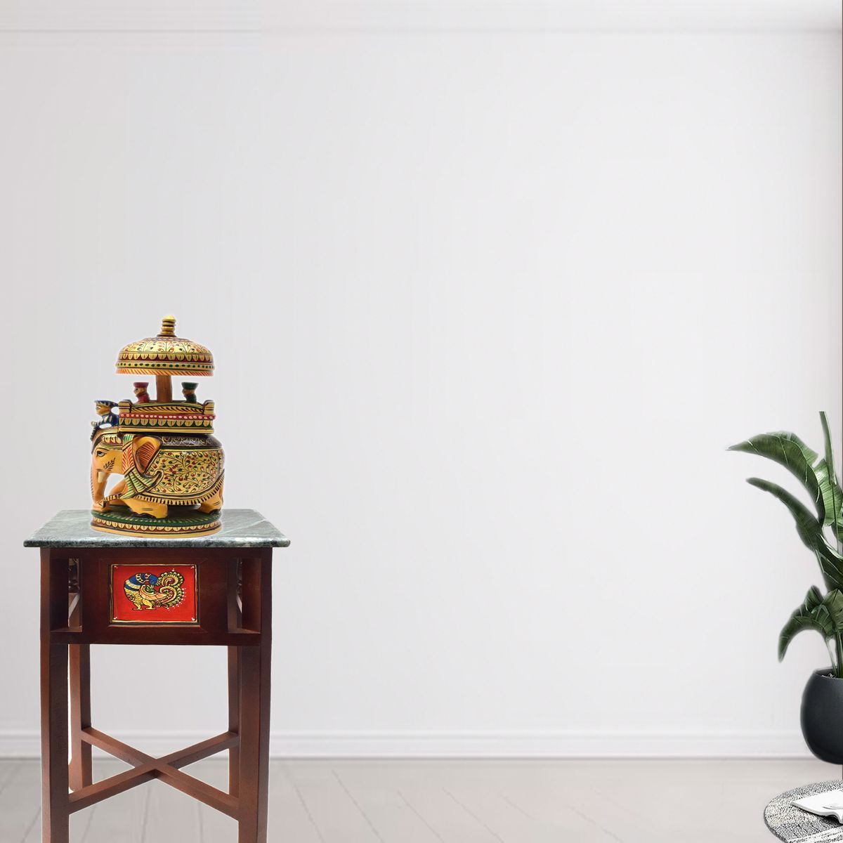 GREEN MARBLE TOPPED WOODEN STOOL WITH TANJORE PAINTING SMALL