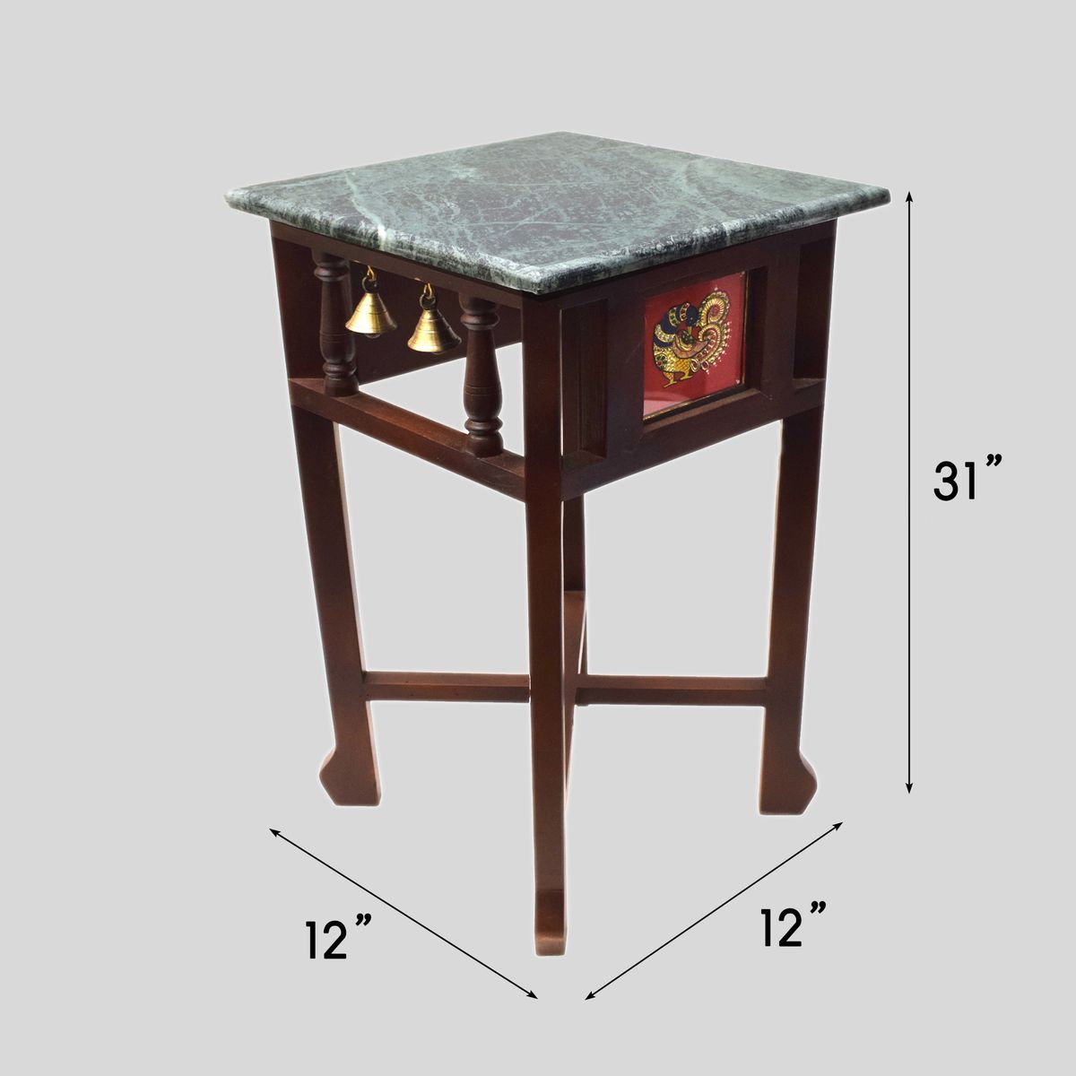 GREEN MARBLE TOPPED WOODEN STOOL WITH TANJORE PAINTING SMALL