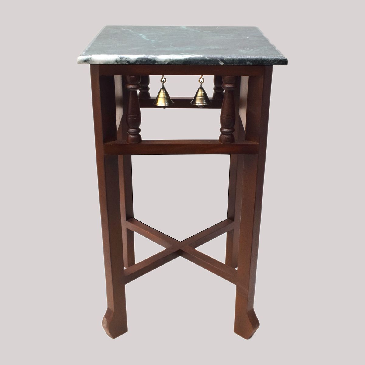 GREEN MARBLE TOPPED WOODEN STOOL WITH TANJORE PAINTING SMALL