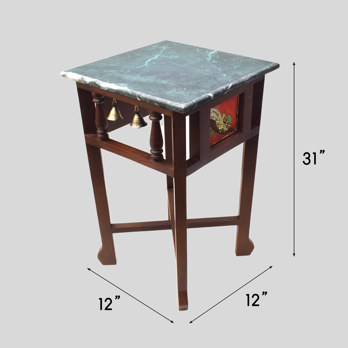 GREEN MARBLE TOPPED WOODEN STOOL WITH TANJORE PAINTING SMALL