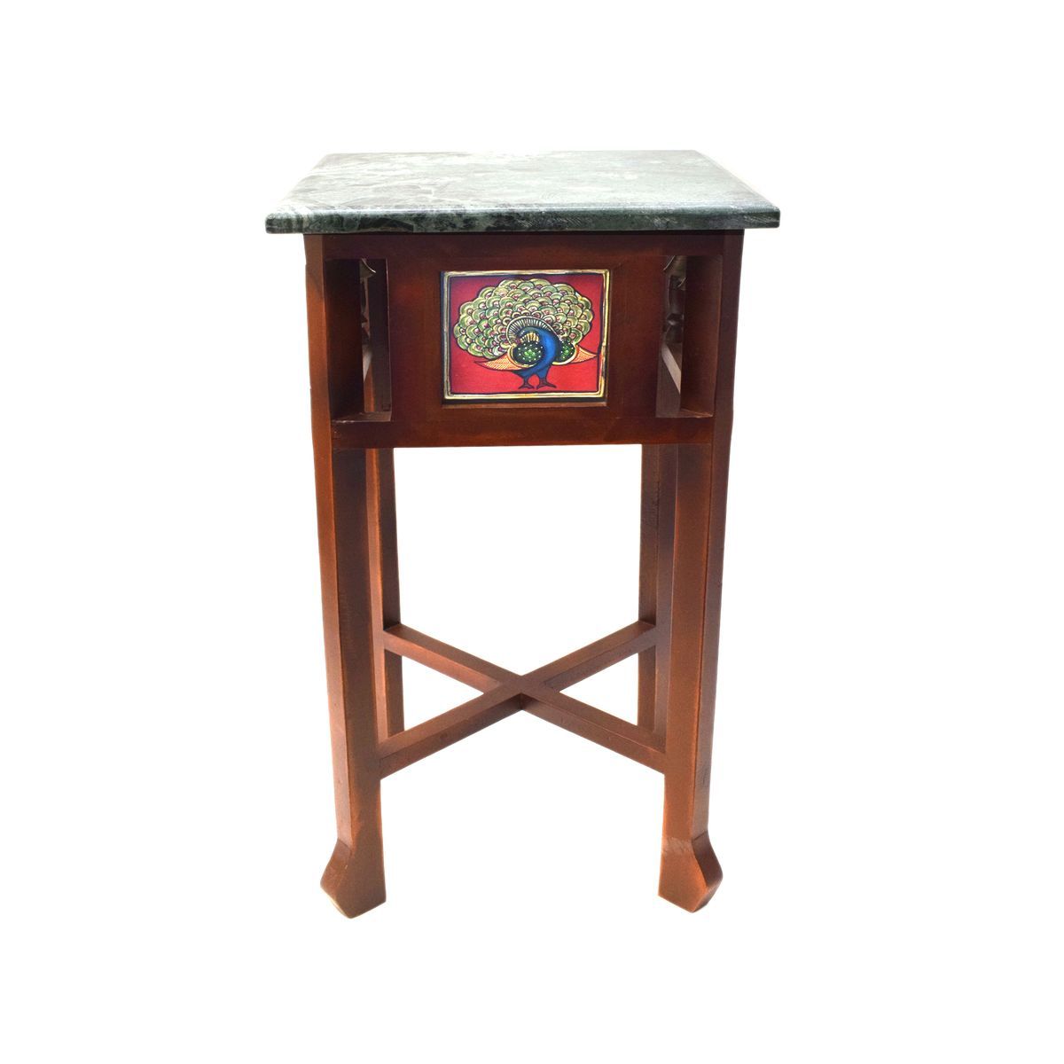 GREEN MARBLE TOPPED WOODEN STOOL WITH TANJORE PAINTING SMALL