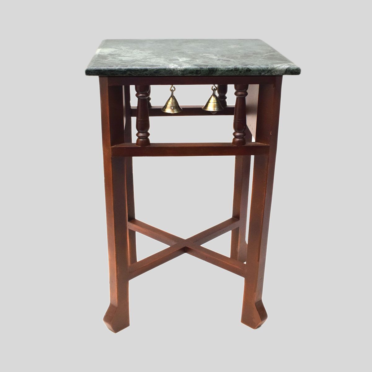 GREEN MARBLE TOPPED WOODEN STOOL WITH TANJORE PAINTING SMALL