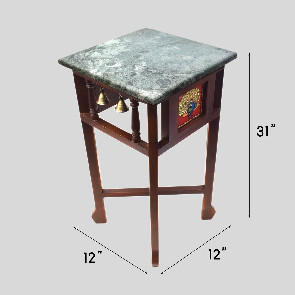 GREEN MARBLE TOPPED WOODEN STOOL WITH TANJORE PAINTING SMALL