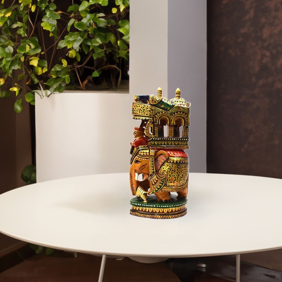 WHITE WOOD HAND PAINTED ROUND AMBARI ELEPHANT