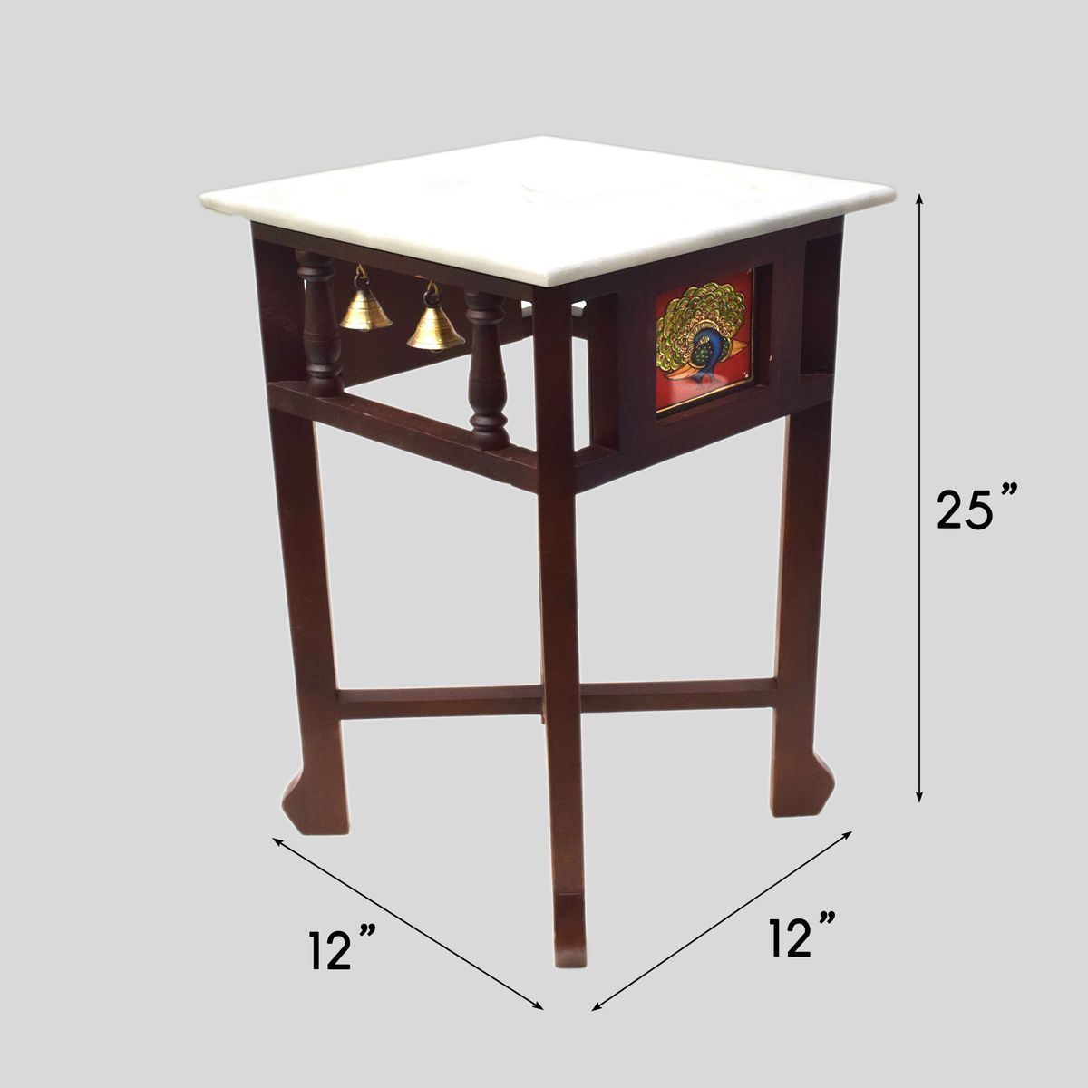 WHITE MARBLE TOPPED WOODEN STOOL WITH TANJORE PAINTING SMALL