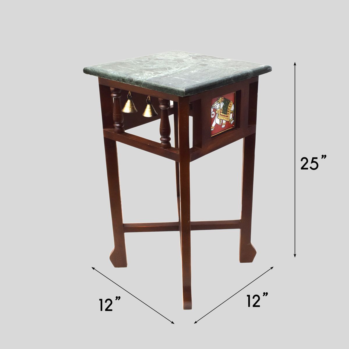 GREEN  MARBLE TOPPED WOODEN STOOL WITH TANJORE PAINTING SMALL