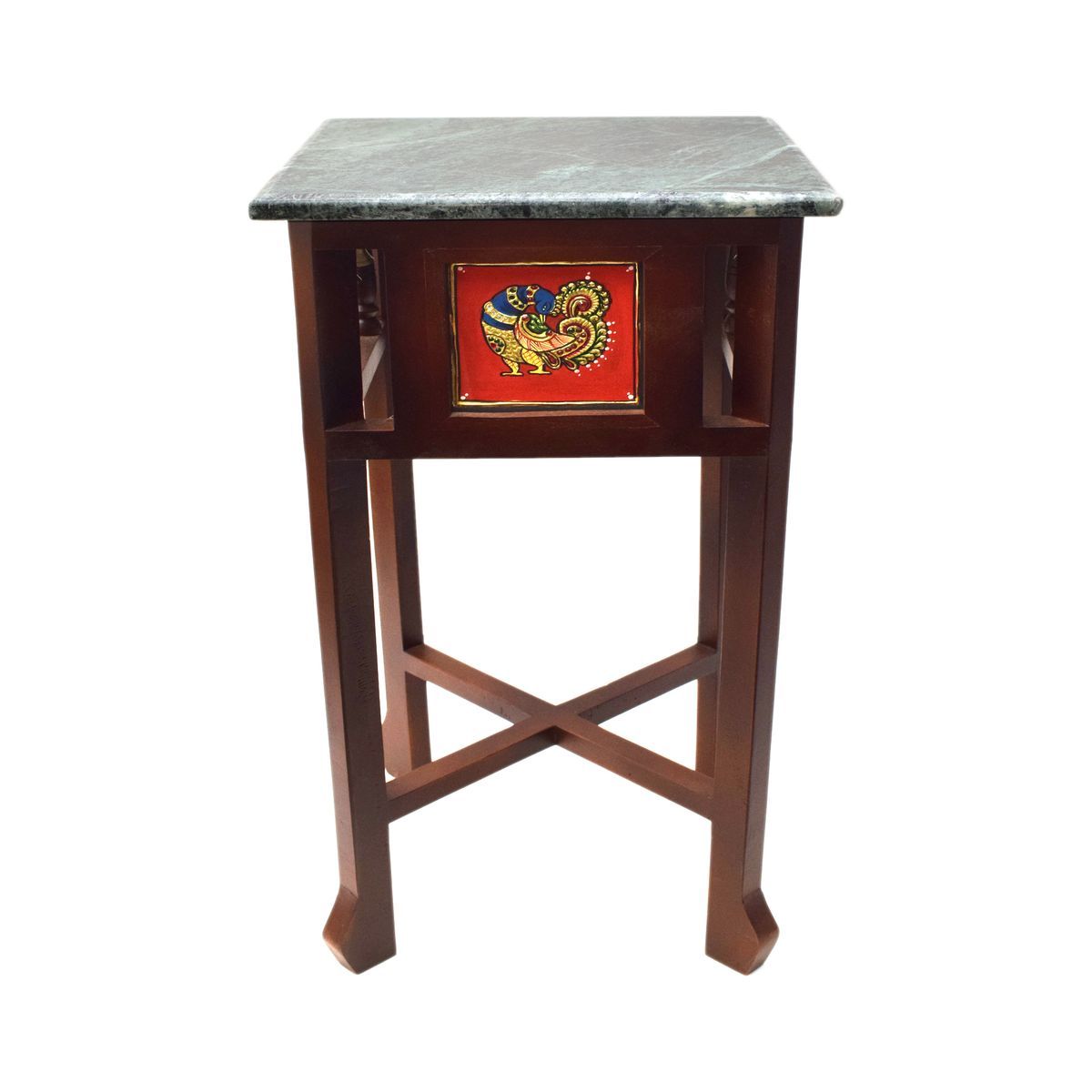 GREEN MARBLE TOPPED WOODEN STOOL WITH TANJORE PAINTING SMALL