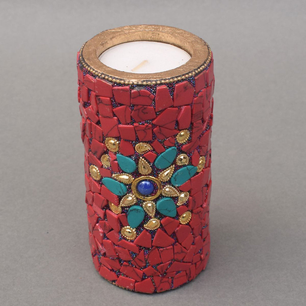 WOODEN CANDLE HOLDER CANDLE STAND WITH NEPALI STON