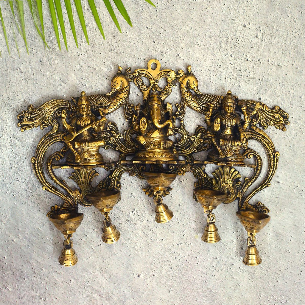 BRASS LAKSHMI GANESHA SARASWATHI WITH DIYA