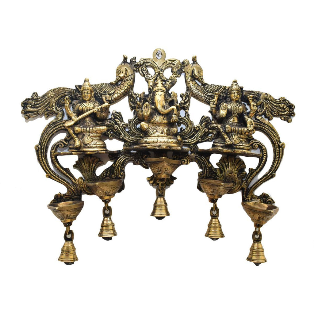 BRASS LAKSHMI GANESHA SARASWATHI WITH DIYA