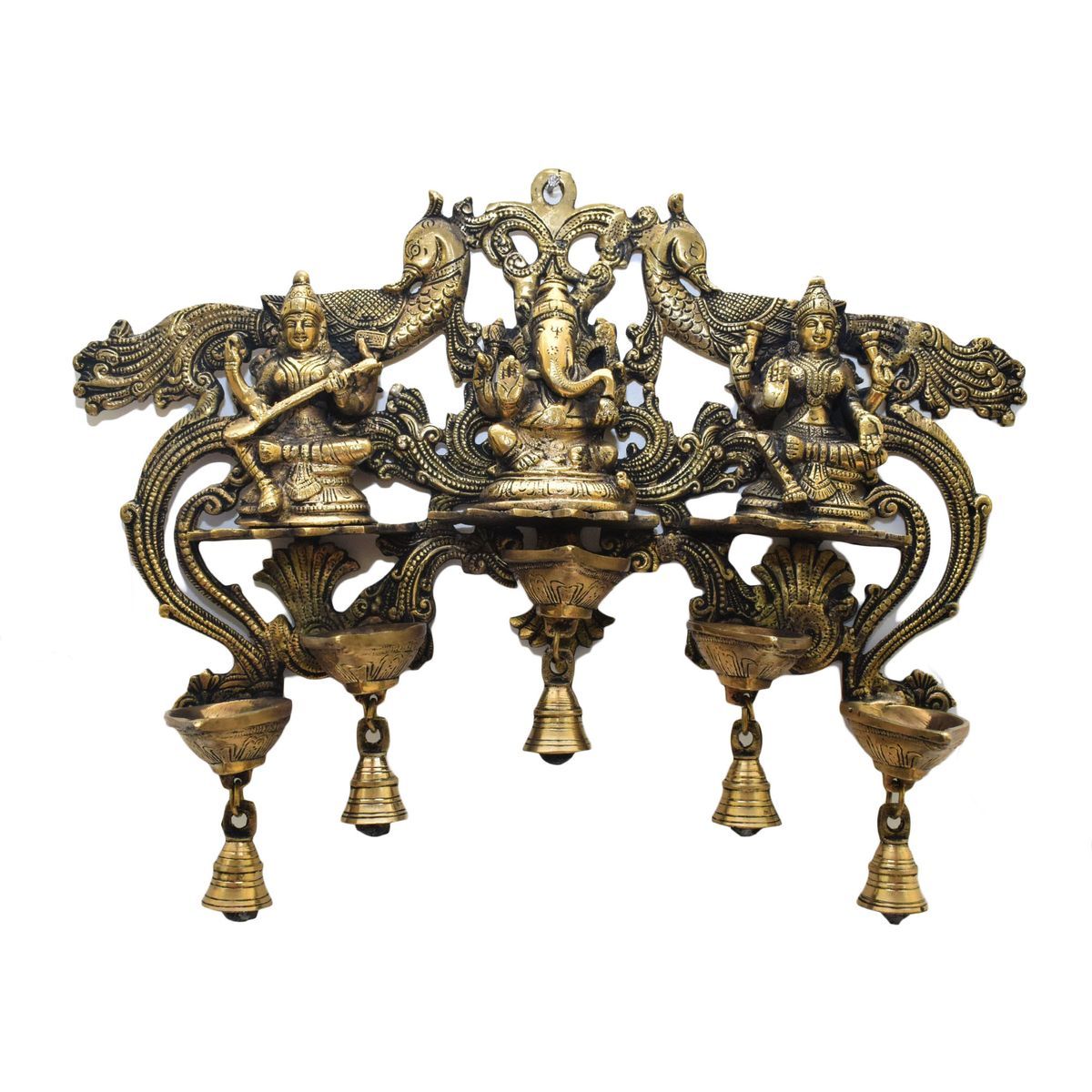 BRASS LAKSHMI GANESHA SARASWATHI WITH DIYA
