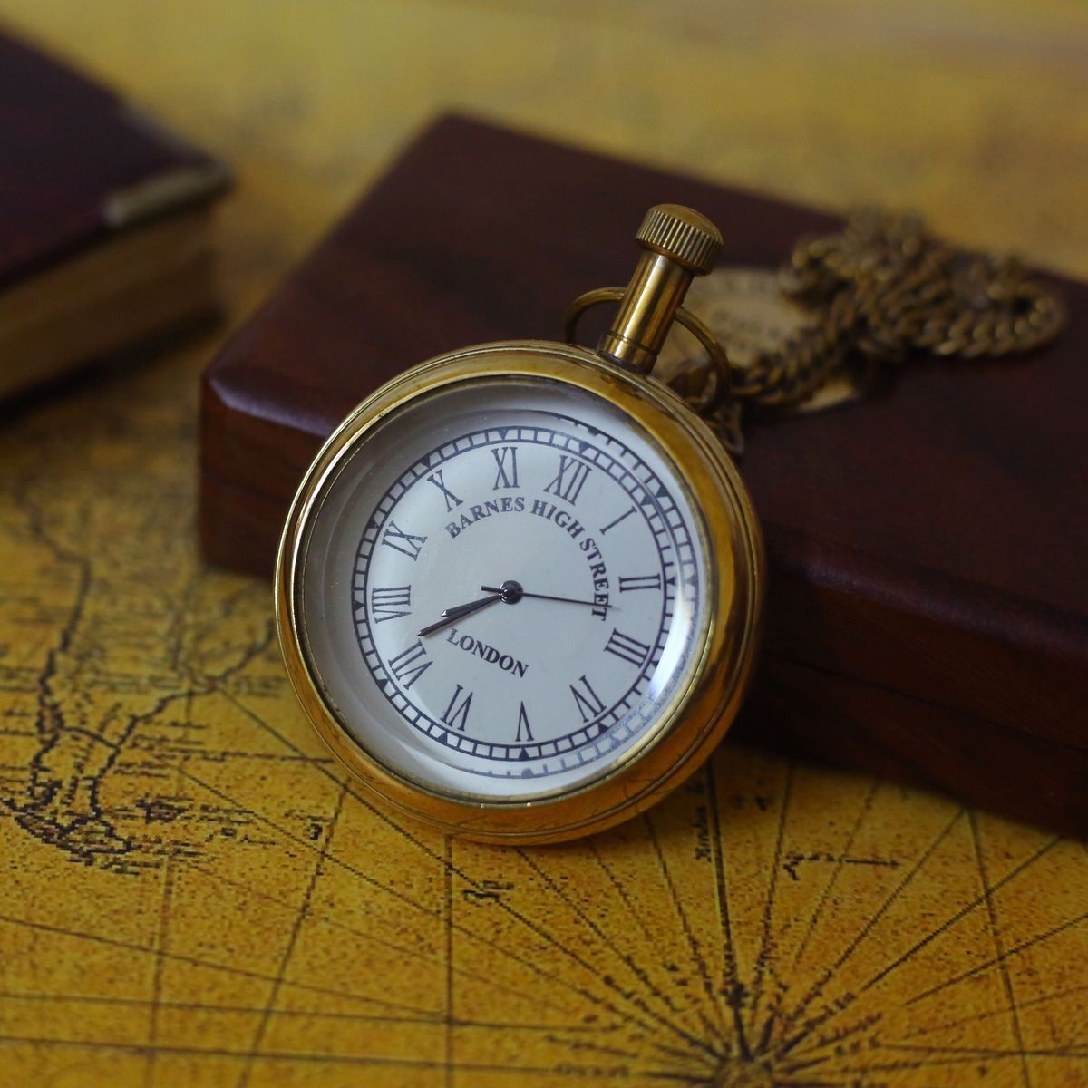 BRASS POCKET CLOCK CHAIN WITH WOODEN BOX