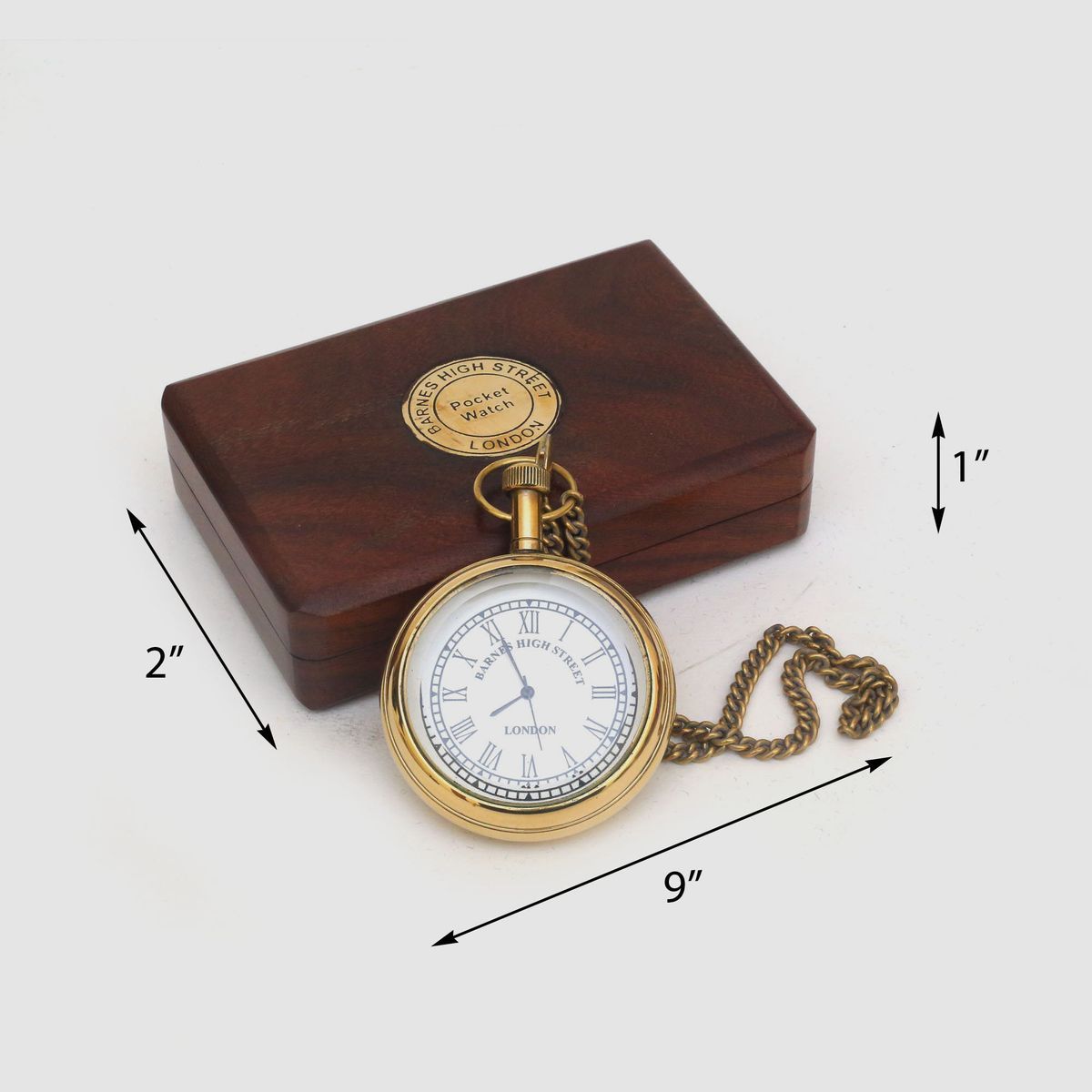 BRASS POCKET CLOCK CHAIN WITH WOODEN BOX