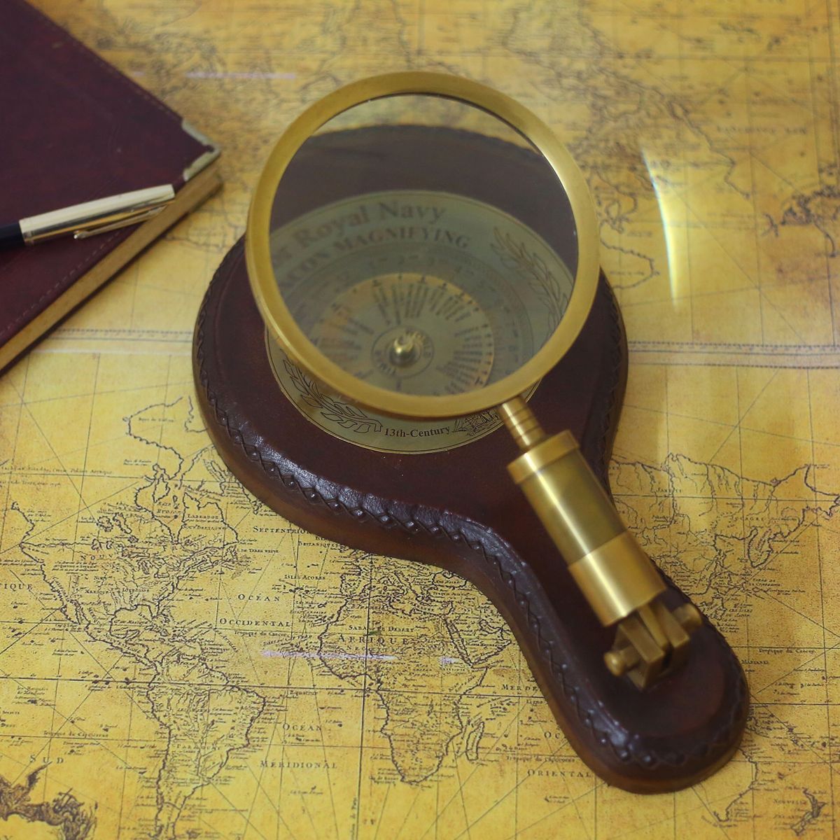 BRASS  MAGNIFIER WITH WORLD TIMER