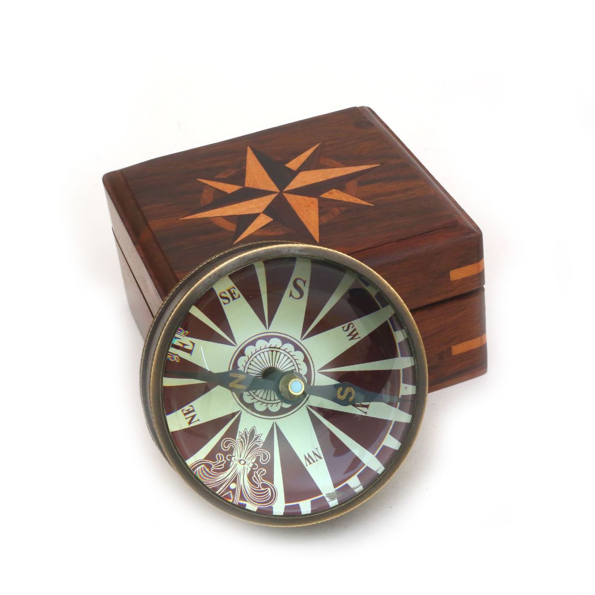 VINTAGE PAPER WEIGHT WITH COMPASS WITH WOODEN BOX