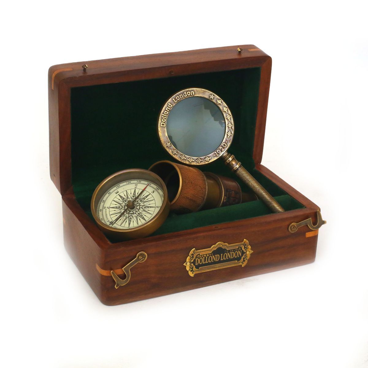 NAUTICAL WOODEN BOX SET COMPASS TELESCOPE MAGNIFIE