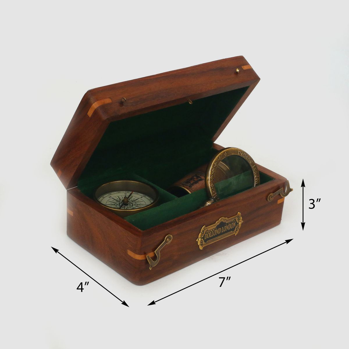 NAUTICAL WOODEN BOX SET COMPASS TELESCOPE MAGNIFIE