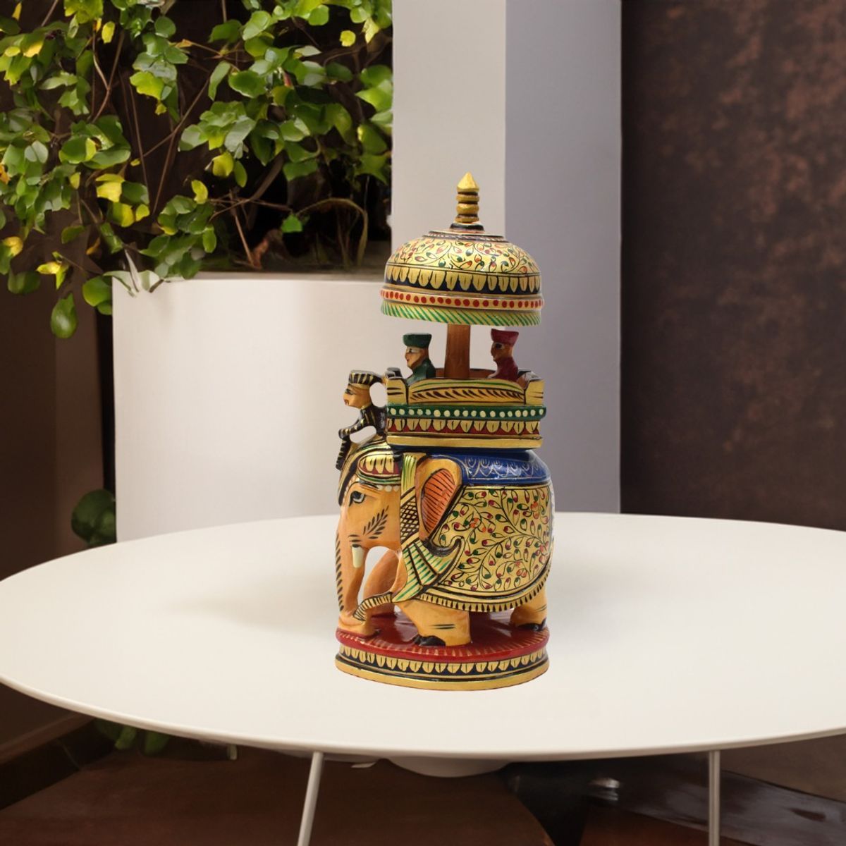 WHITE WOOD HAND PAINTED HODA AMBARI ELEPHANT